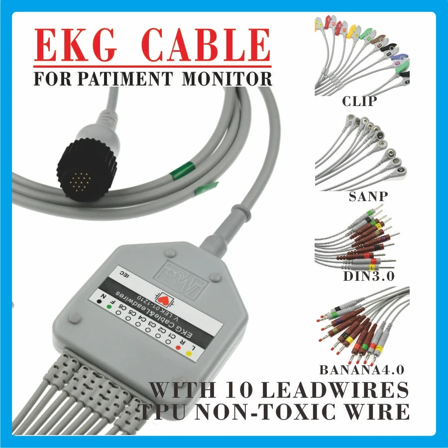 06A Ecg Ekg Cable Leadwires One Piece 10 Leads Medical Ecg Cable 4.0 Banana Compatible KANZ