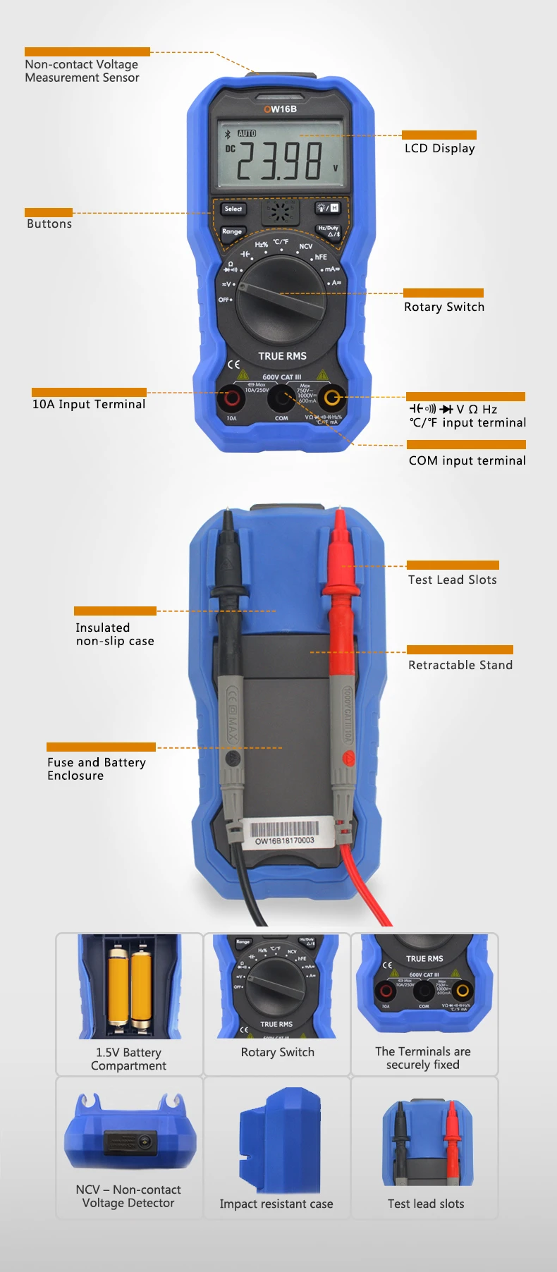 OW16B Multifunctional Digital Multimeter with Bluetooth and NCV True RMS test Ba