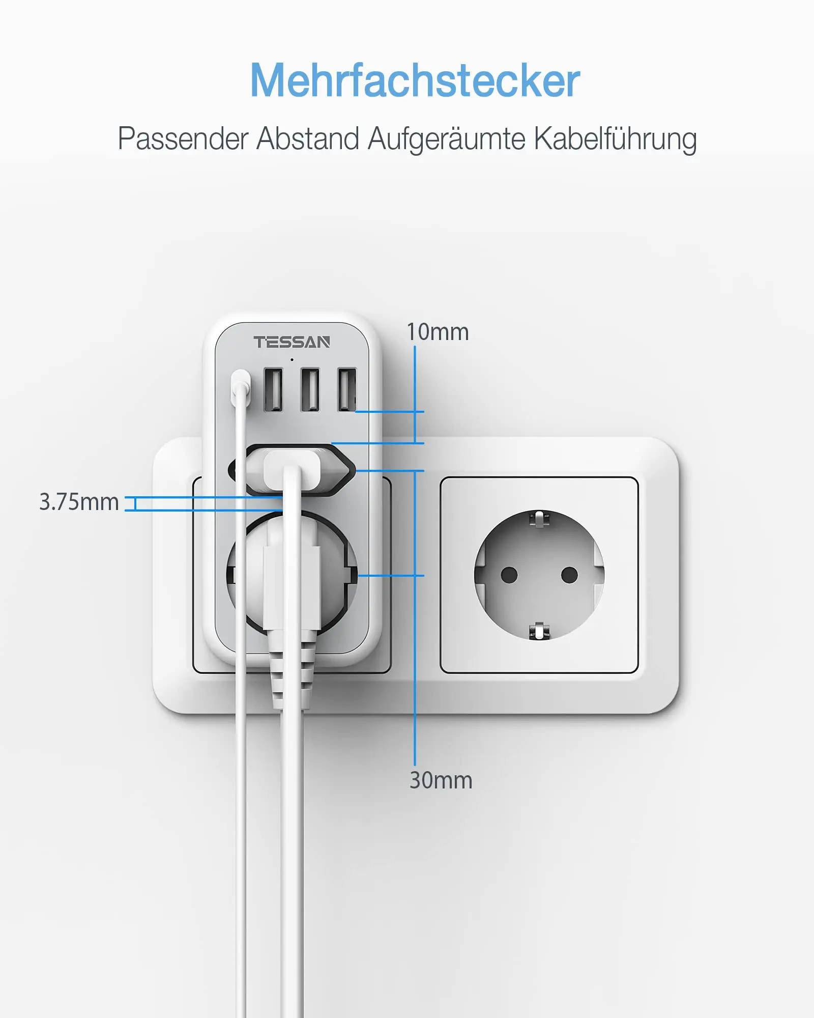 TESSAN EU Multi USB Socket Power Strip with 2 AC Outlets 2 USB Ports  (3600W/16A) Charging Wall Charger Adapter for Home/Travel