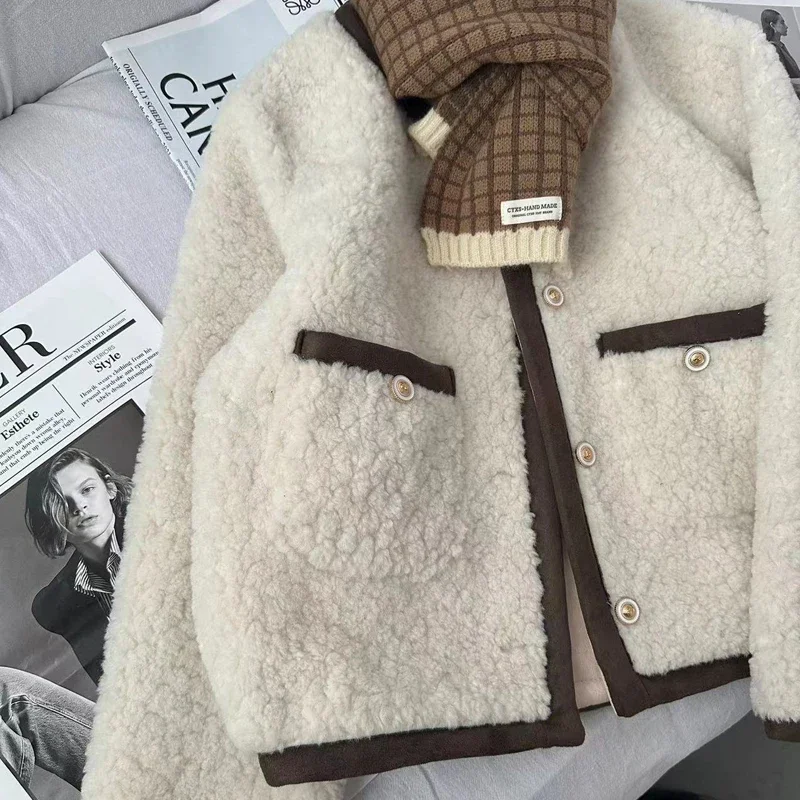 Korean-Style Round Neck Long Sleeve Women's Short Coat 2023 Autumn and Winter Fashion Commute Style Woolen Fur Faux Fur Coat