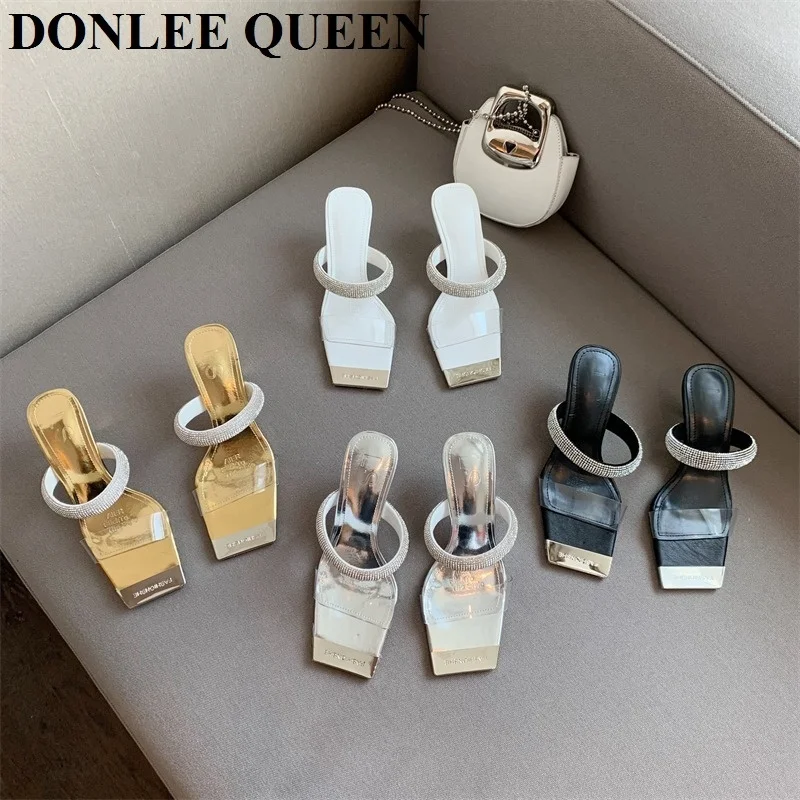 

Women Slippers Fashion Metal Square Toe Slides Elegant Party Dress Rhinestone Sandals Summer Shoes Slip On Mule Brand PVC Mujer