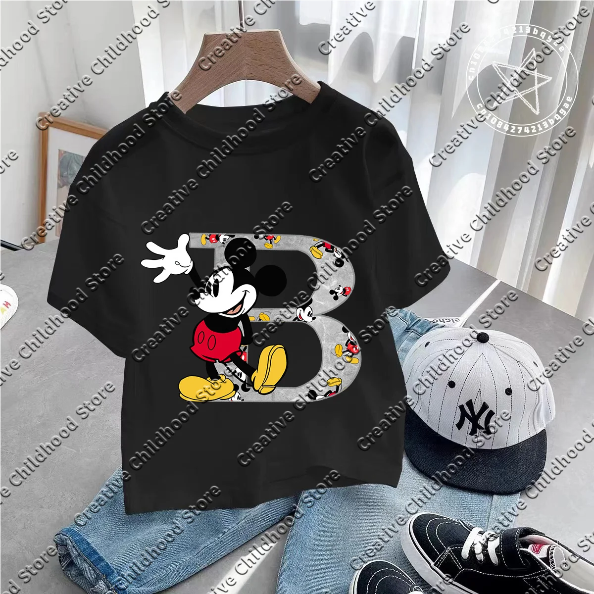 2025 Summer Disney Mickey Mouse A-Z 26 English Letter Graphic girls T-shirt boys Y2K New Tee Top Harajuku Female O Neck Clothes 2