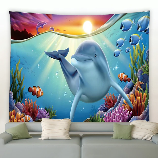 Dolphin Tapestry Cute Sea Animals Wall Hanging Beautiful Ocean Wildlife Landscape  Home Room Living Room Decor Wall Blanket Cloth - AliExpress