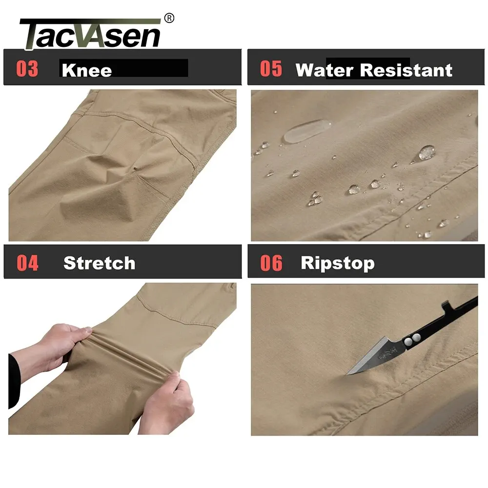 TACVASEN 남성용 경량 전술 바지, 빠른 건조 방수 하이킹 바지, 8 포켓 야외 작업 바지, 여름