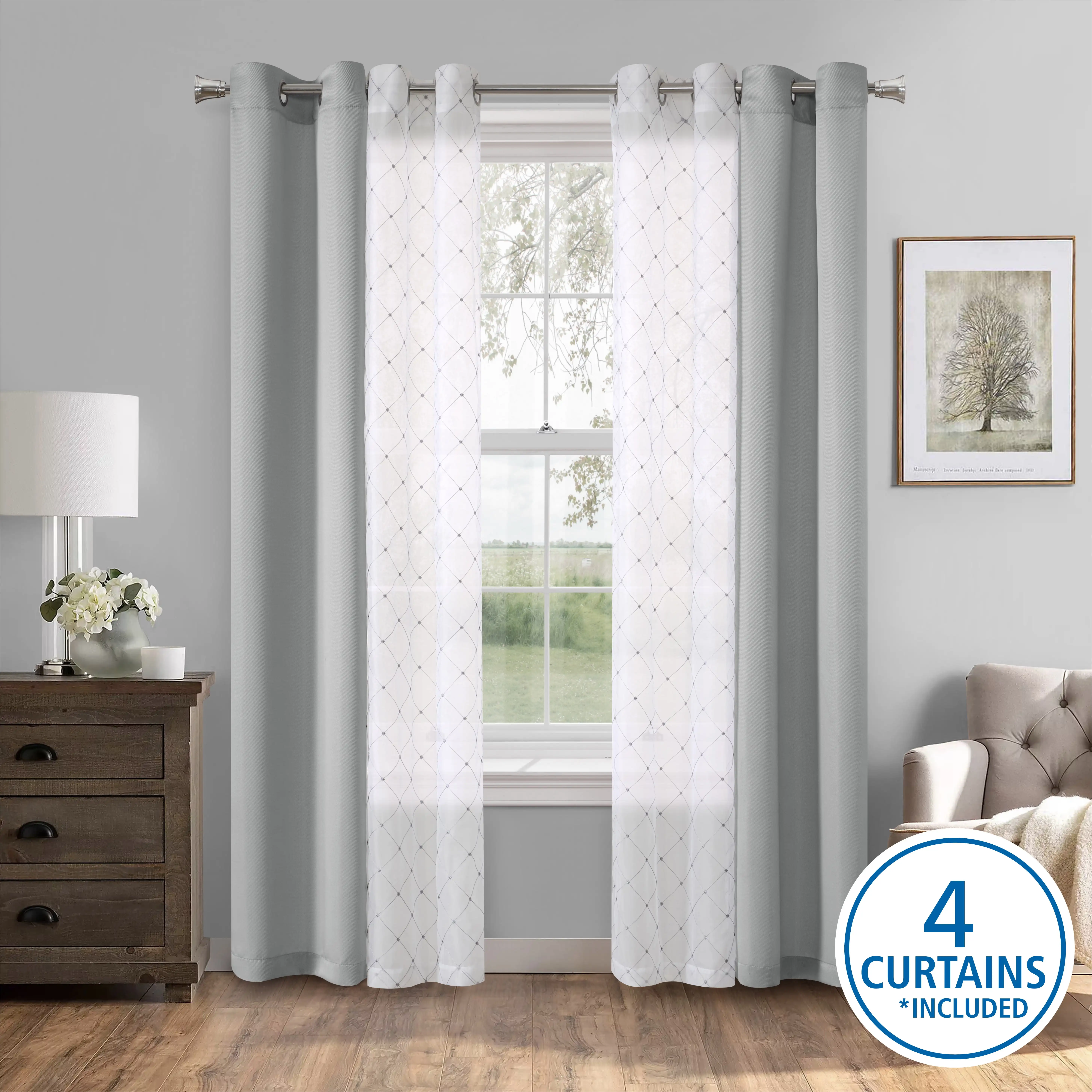 

4 Piece Embroidered Curtain Panel Set, 27.5" x 84" inches, Grey