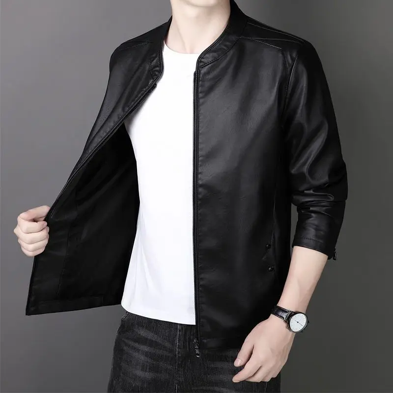 

Men PU Leather Jacket Spring Autumn Thin Stand Collar Coat Trendy Handsome Young Middle-Aged Leather Jacket Fleece-Lined