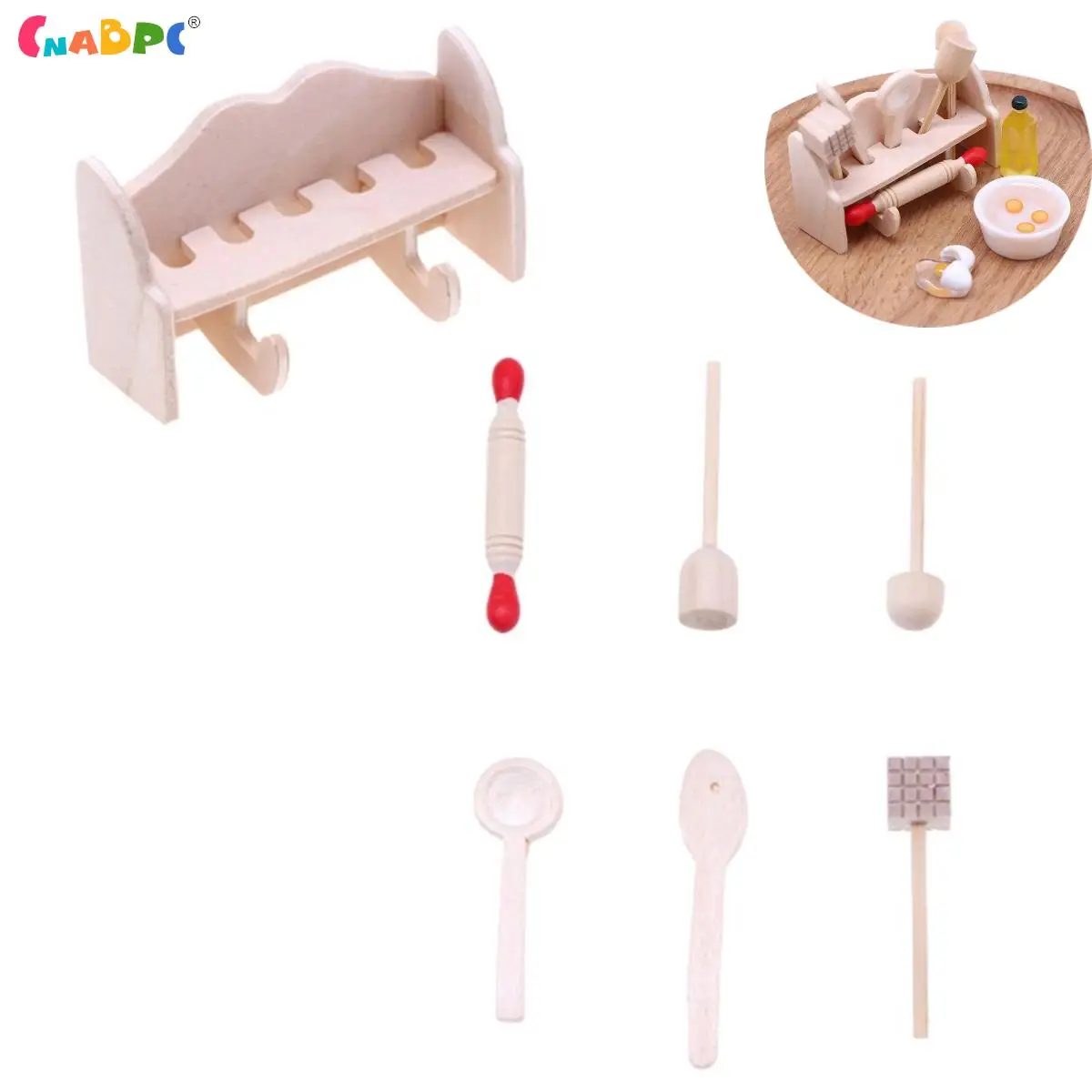 

1Set Dollhouse Miniature Kitchen Storage Rack with Rolling Pin Spoon Utensils Model Mini Cookware Decor Accessories Toys Gifts