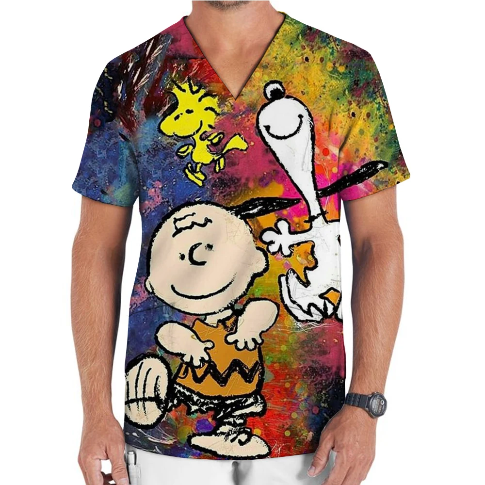 thumbnail image 1 of Uniforme de enfermera con estampado de dibujos animados de Snoopy, cuello en V, bolsillo, ropa de trabajo neutra, monos, uniformes médicos, clínica, 1 of 4