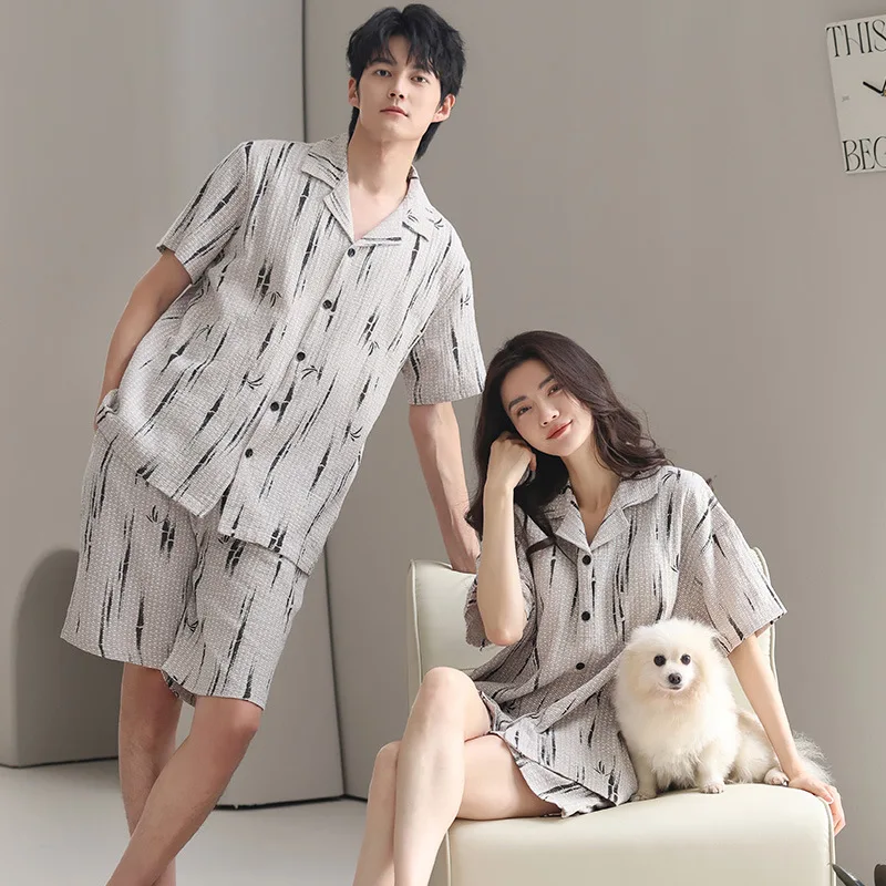 여성과 남성 매칭 코튼 잠옷 커플 여름 잠옷 세트 카디건 반팔 반바지 잠옷 Hombre Mujer Dropship