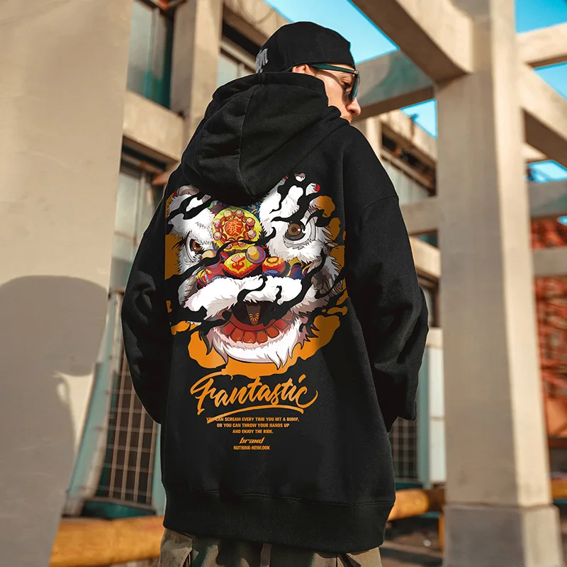 

Fall and Winter Fashion New Men's Long-Sleeved Sweater Creative Personality Wake Up Lion Bear Printing Trend Loose Casual Hoodie