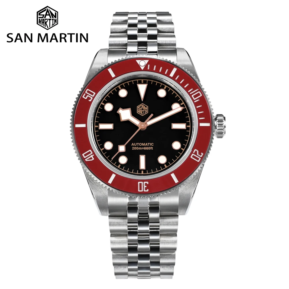 San Martin 40mm BB Diver Watch Classic Retro Watch for Men NH35 Automatic Mechanical Red Ceramic Bezel BGW-9 20 ATM Luminous