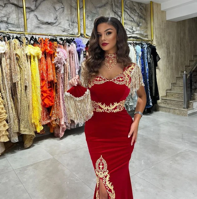 Msikoods Mermaid Evening Dress with Cap Sleeves Gold Appliques Split Caftan  Marocain Robe De Reveillon Velvet Women Prom Gowns - AliExpress