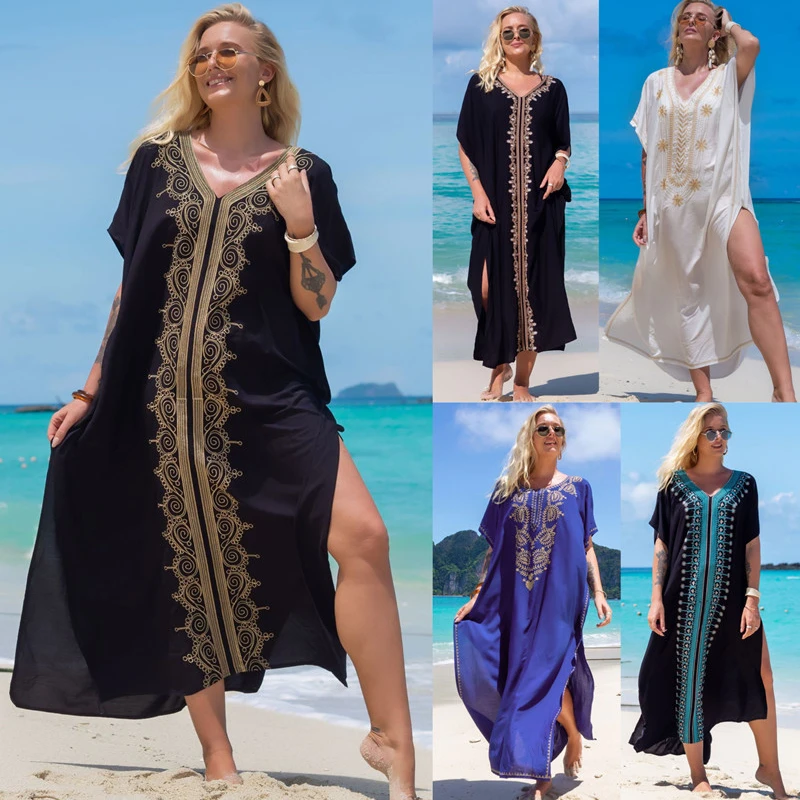 Loose Gold Embroidered Kaftan Long Black Tunic Loose Maxi Dress Women Summer Beach Wear Swim Suit Bikini Cover Up
