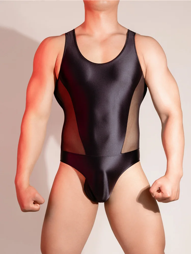 Men High Cut Bodysuit U Bulge Pouch Elastic Bandage Sexy Tights Sheer See Through Convex Shapping Leotard