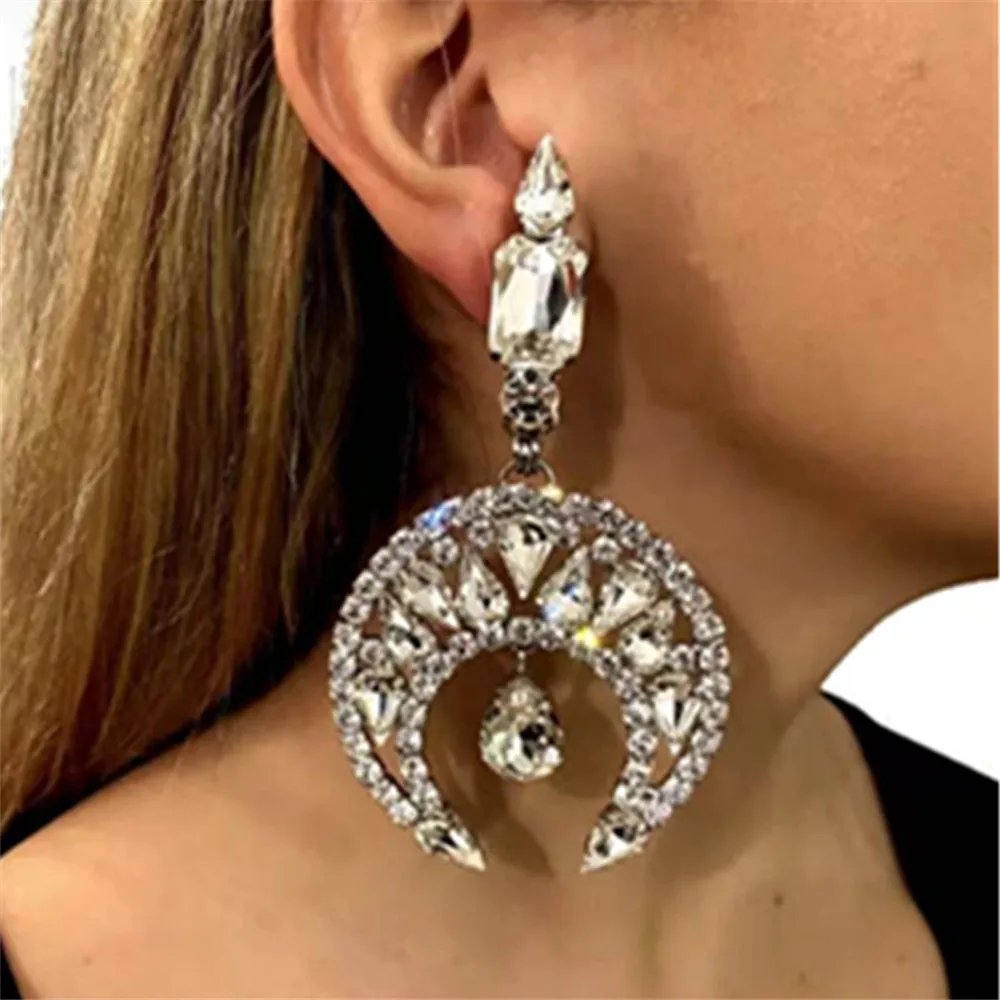 

Novelly Rhinestone Geometric Water Drop Pendant Moon Style Drop Earrings for Women Crystal Large Dangle Earrings Christmas Gift