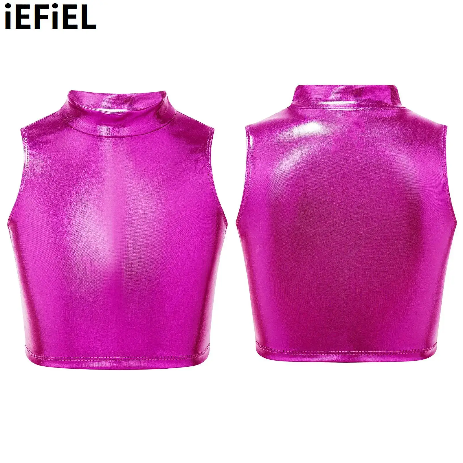 

Kids Girls Metallic Dance Tank Tops Sleeveless Turtleneck Crop Tank Tops for Ballet Dance Stage Performance Workout