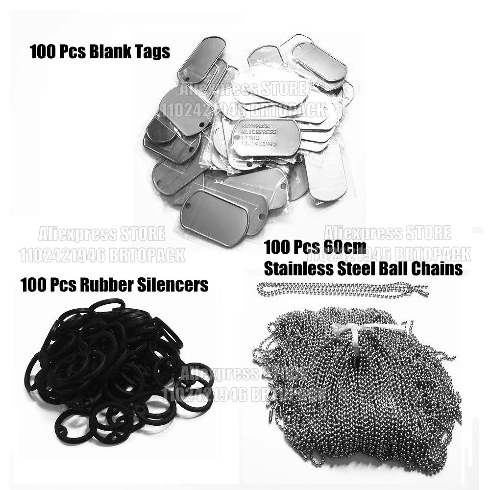 

100 Pcs Plate Stainless Steel Tags & Rubber Silencer &Ball Chains Tags Men Necklace Personality Dog ID Tags