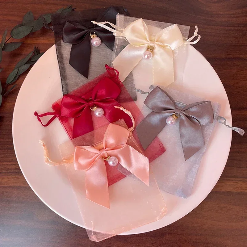 100pcs Bow Organza Gift Bag With Drawstring Candy Cookies