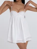 2022 Sexy White Spliced Embroidery Lace Bra Corset style Mini Dress Women Backless Party Skater Short Sling Robe Holiday - Image 3