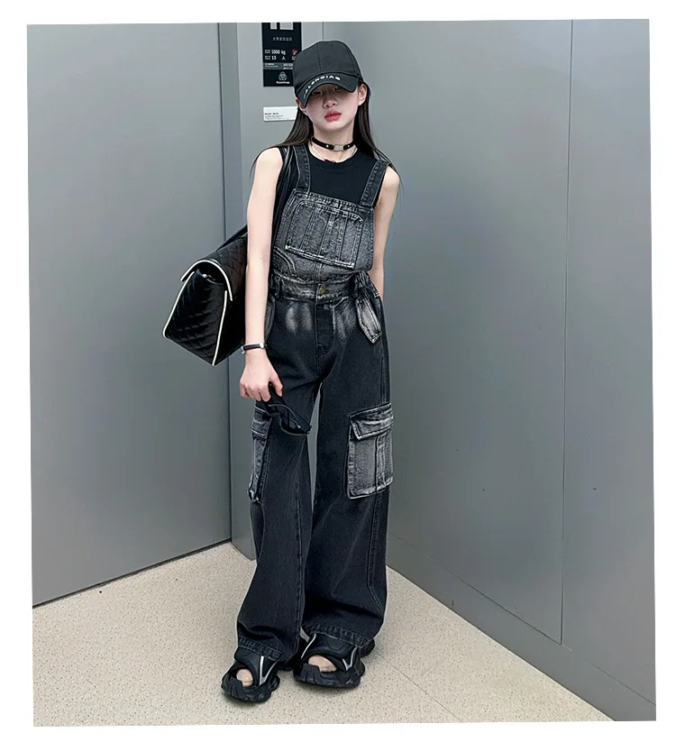 2025 Spring/Autumn Girls Denim Overalls Trendy Detachable Wide-Leg Jeans for Kids Stylish Versatile Casual Two Wear Trousers