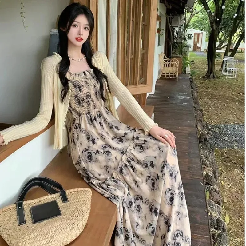 

Summer New Sweet Elegant Halter Dress Slash Neck Floral High Waist Pleats Long Dress Patchwork Holiday Style Boho Dress