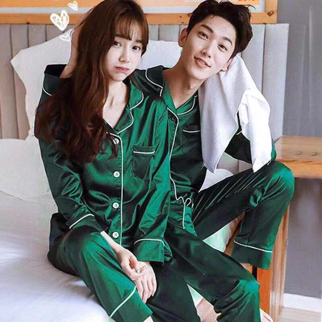 Sleepwear Couple Silk Satin Solid Color Pajama Sets Long Button