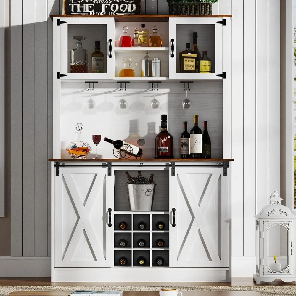 Farmhouse Coffee Bar Hutch with Sliding Barn Doors，72&rdquo;White Buffet Cabinet with Hutch, Glass Doors and Wine Rack