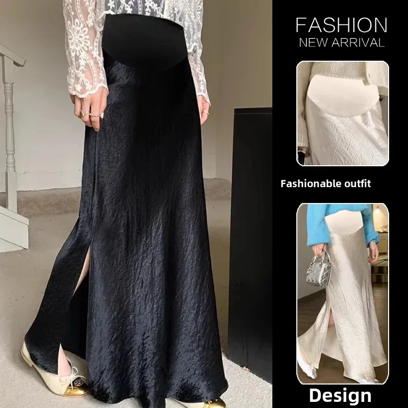 Maternity High Waist Asymmetrical Satin Fish Tail A- Line Skirt Women Summer Fashionable Wrap around Belly Support Skirts