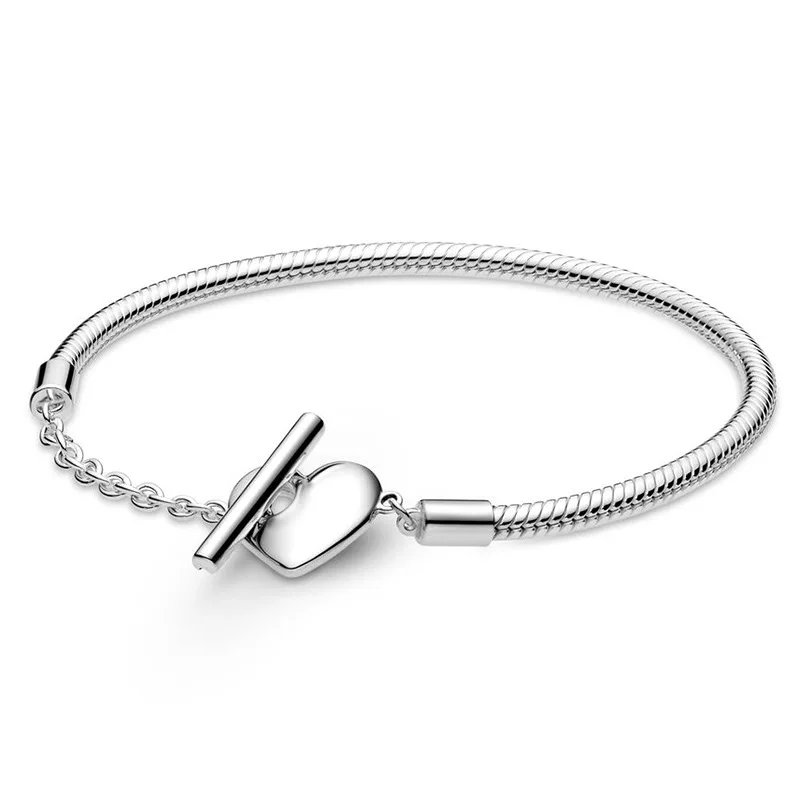 New Women's 100% 925 Silver Heart T-shaped Buckle Snake Bone Chain Bracelet DIY Jewelry Gift Fashion Light Luxury