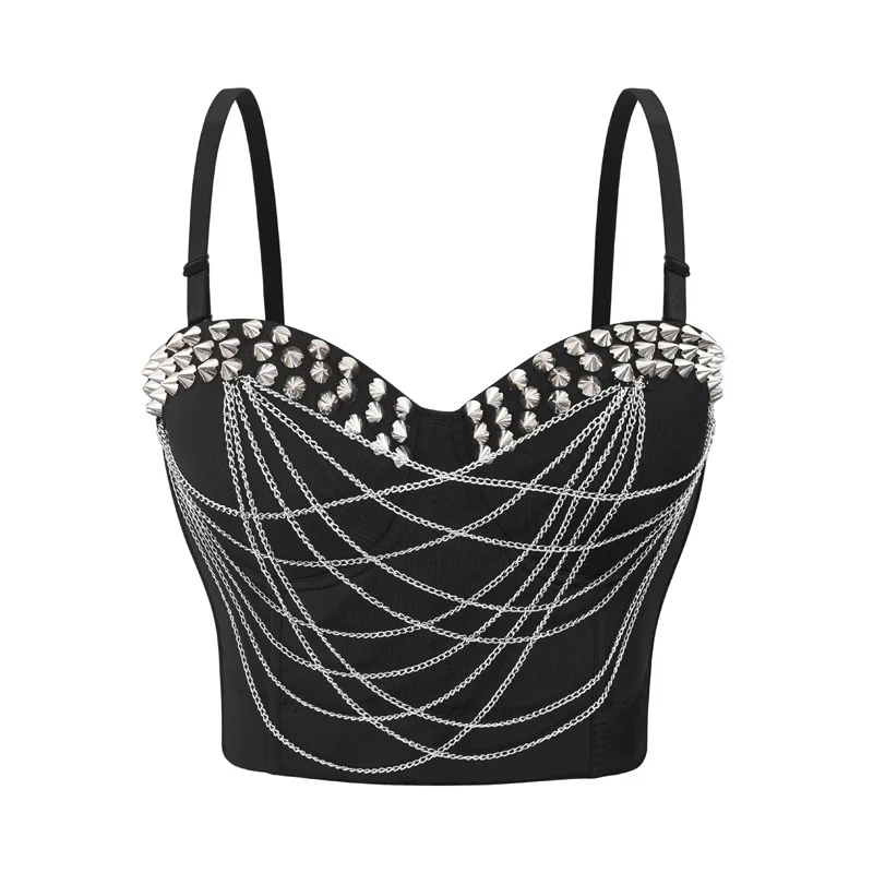 Gold Rivets & Chains Sexy Bra Hot Bralette Crop Top Punk Nightclub Party Belly Dance Rave Rock Push Up Bras For Woman With Wire