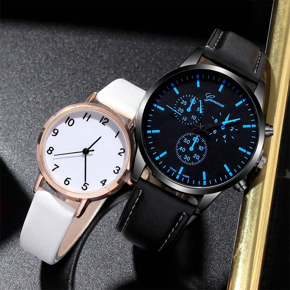 fashion couple watches 4 Piece Set For Women Men Clock Men Dial Quartz Watch Leather Strap