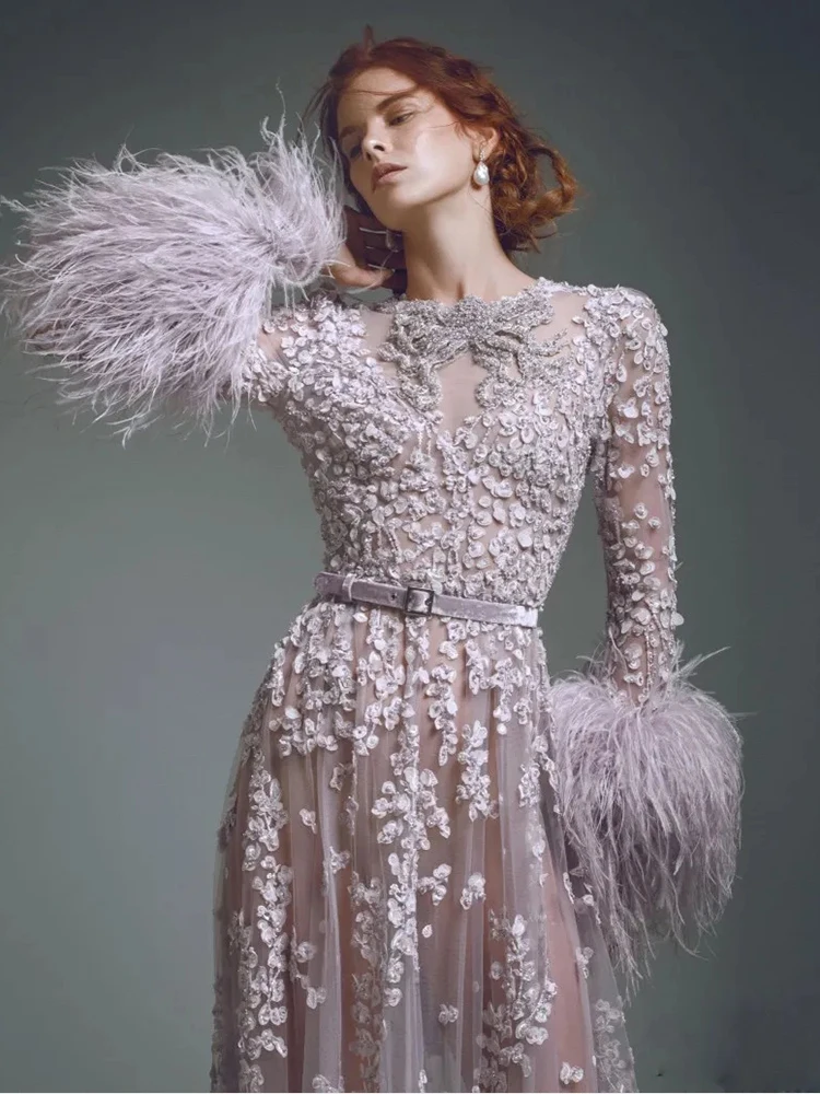 Luxury Feather Long Sleeve Lace Beads 3D Floral Appliqued Wedding Guest ...