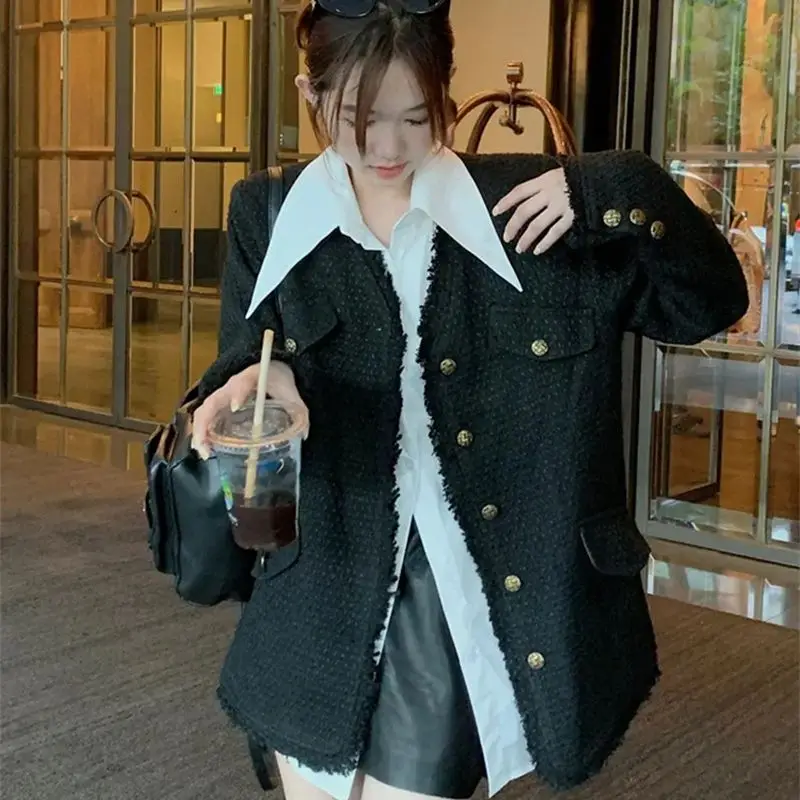 Style Small Fragrant Wind Coat Fat mm2023 Spring New Cover Meat Senior Sense of Temperament Black Tweed Top Solid Color Commute