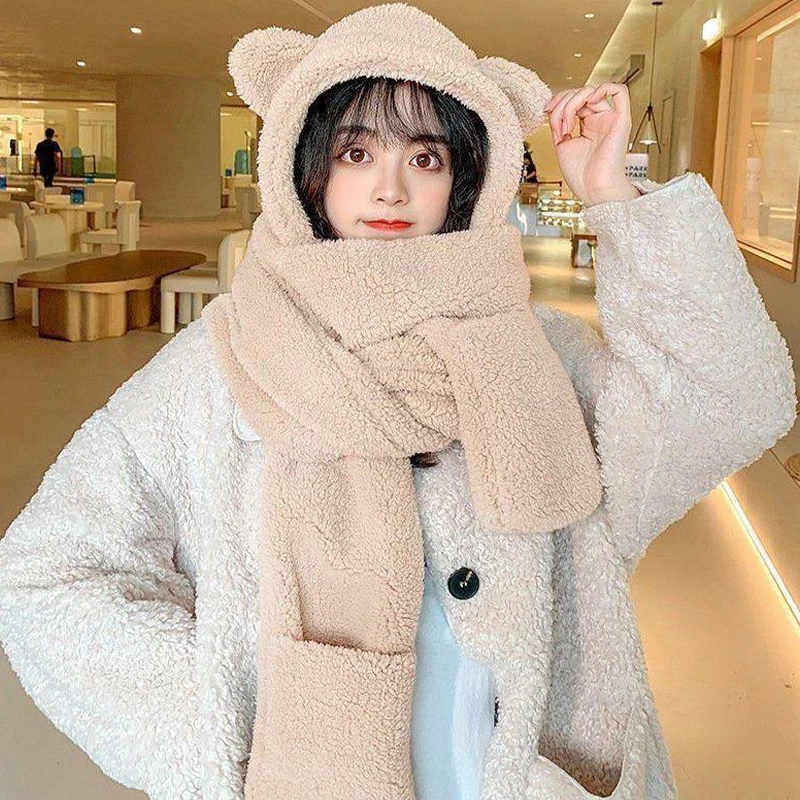Autumn And Winter Cartoon Cute Bear Hat Scarf Three-in-one Korean Style Hat Warm And Comfortable Ear Protection All-in-one Hat 3