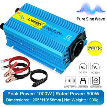 1000W 1200W 2000W อินเวอร์เตอร์ DC 12 V/24 V ถึง AC 220V Pure Sine Wave รถอะแดปเตอร์แปลง 50Hz/60Hz Dual USB EU Universal RV 13