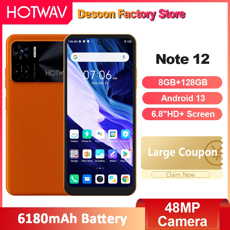 

Смартфон HOTWAV Note 12, 6,8 дюйма, 8 + 128 ГБ, 8 ядер, Android 13, 6180 мАч
