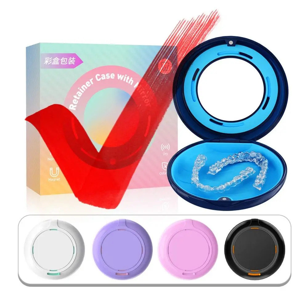 

Portable Retainer Case With Mirror Cleaning Tooth Sealed Ventilated Denture Storage Box Magnetic Closure Mouthguard Container