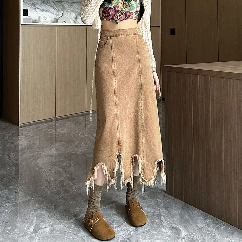 Irregular Tassel Skirt Hem Elastic High Waisted Mid Length Skirt Loose and Slimming with Fur Edges Vintage Denim Skirt Summer