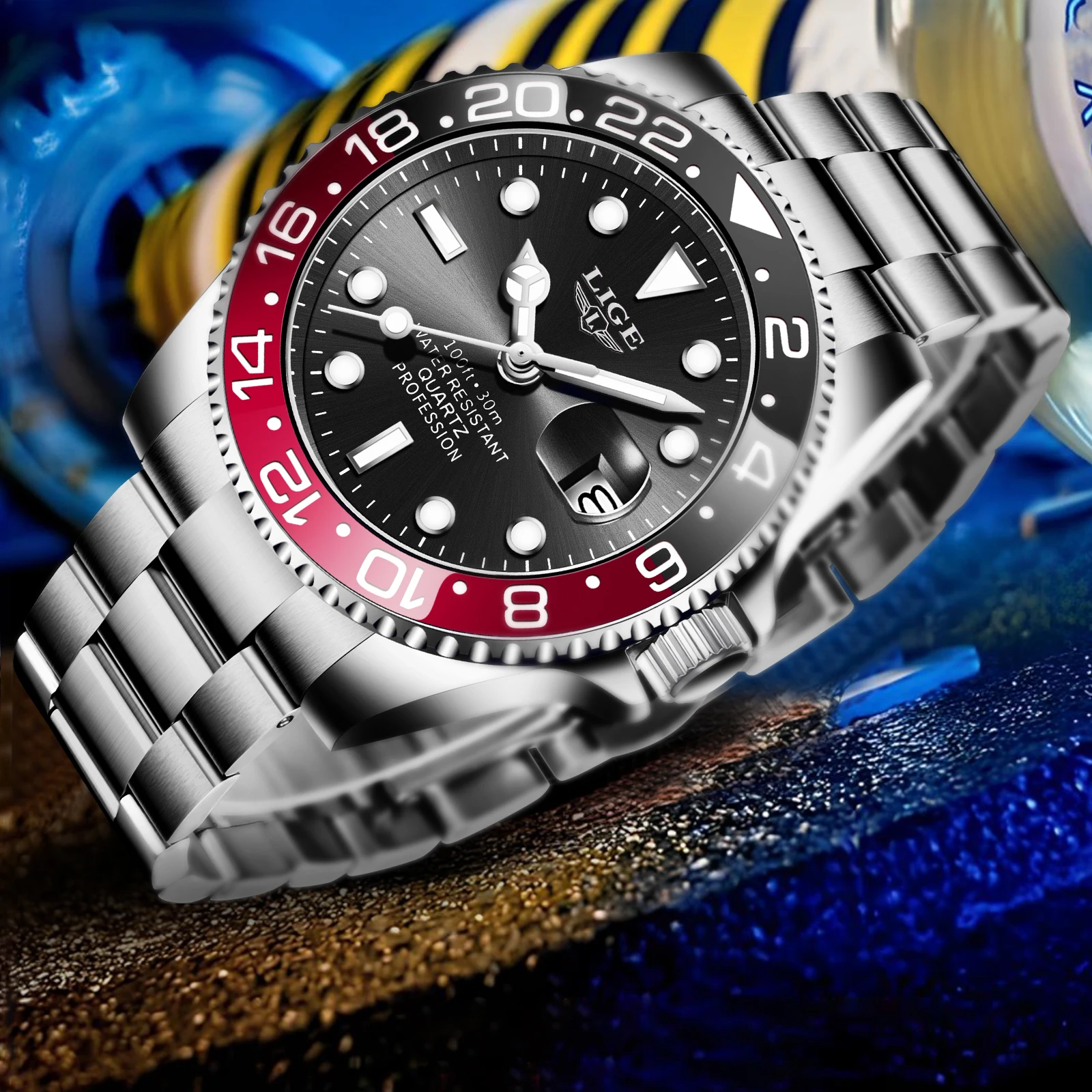Elegant LIGE Men's Luminous Stainless Steel Quartz Luxury Watch - Waterproof Business Timepiece