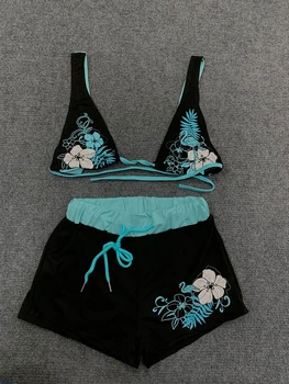 Summer Beach Ins Fashion Hot Sexy Ladies Split Two Piece Bikini Beautiful Vintage Contrast Flower Print Suspender Bra Shorts Set 1
