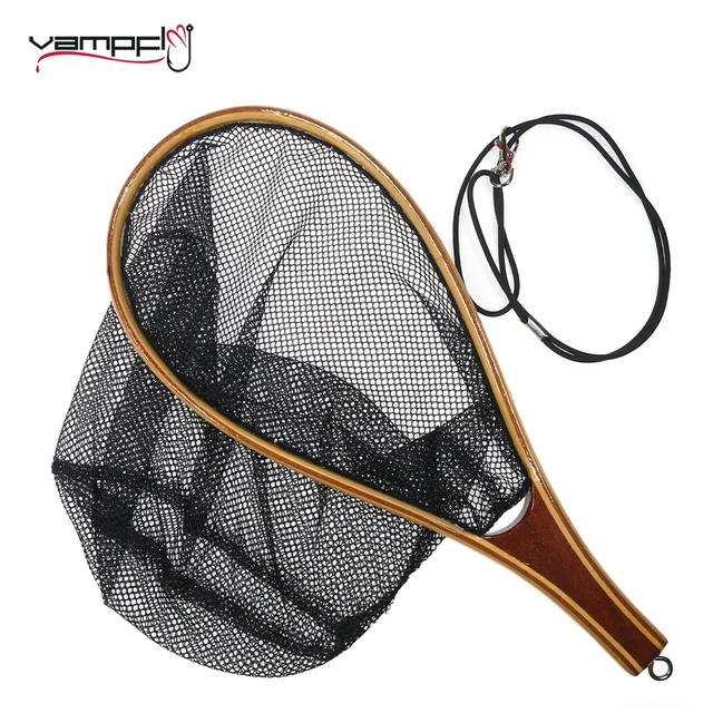 Vampfly Fly Fishing Wooden Handle Net Landing Soft Nylon Mesh Trout Fish  Catch Release Black Fishing