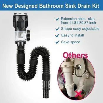 Set di tubi di scarico per lavabo in acciaio inossidabile, drenaggio per montaggio a parete, a prova di odore, per lavello da cucina, bagno, con accessori per cestello filtro ﻿ 1