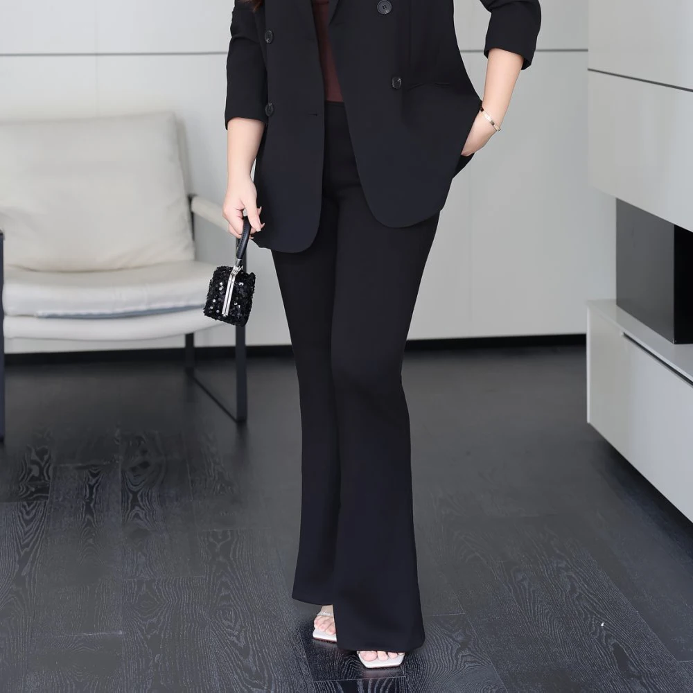 Women's Plus Size High Waisted Flared Pants - Premium Black Draped Slim Fit Floor-Length With Sexy Casual Trousers