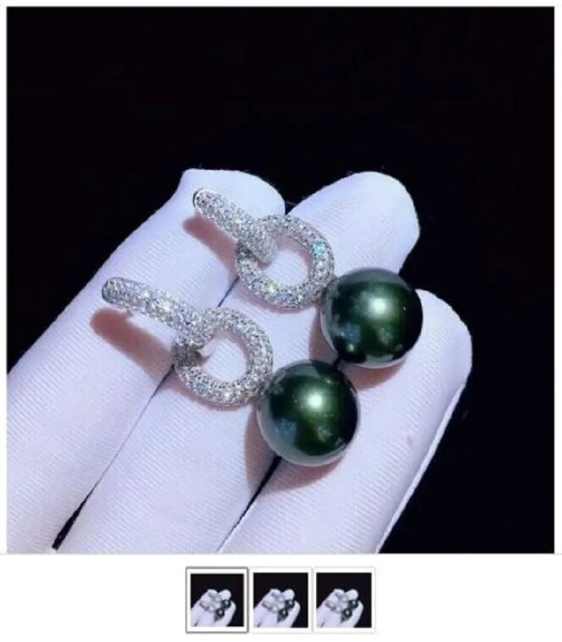 

New Charming AAAAA 9-10mm tahitian BLACK GREEN round pearl earring 925S