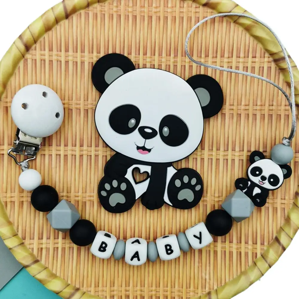 Panda Customized English Silicone Letter Name Baby Silicone Pacifier Clips Chains Teether Pendants for Newborn Kawaii