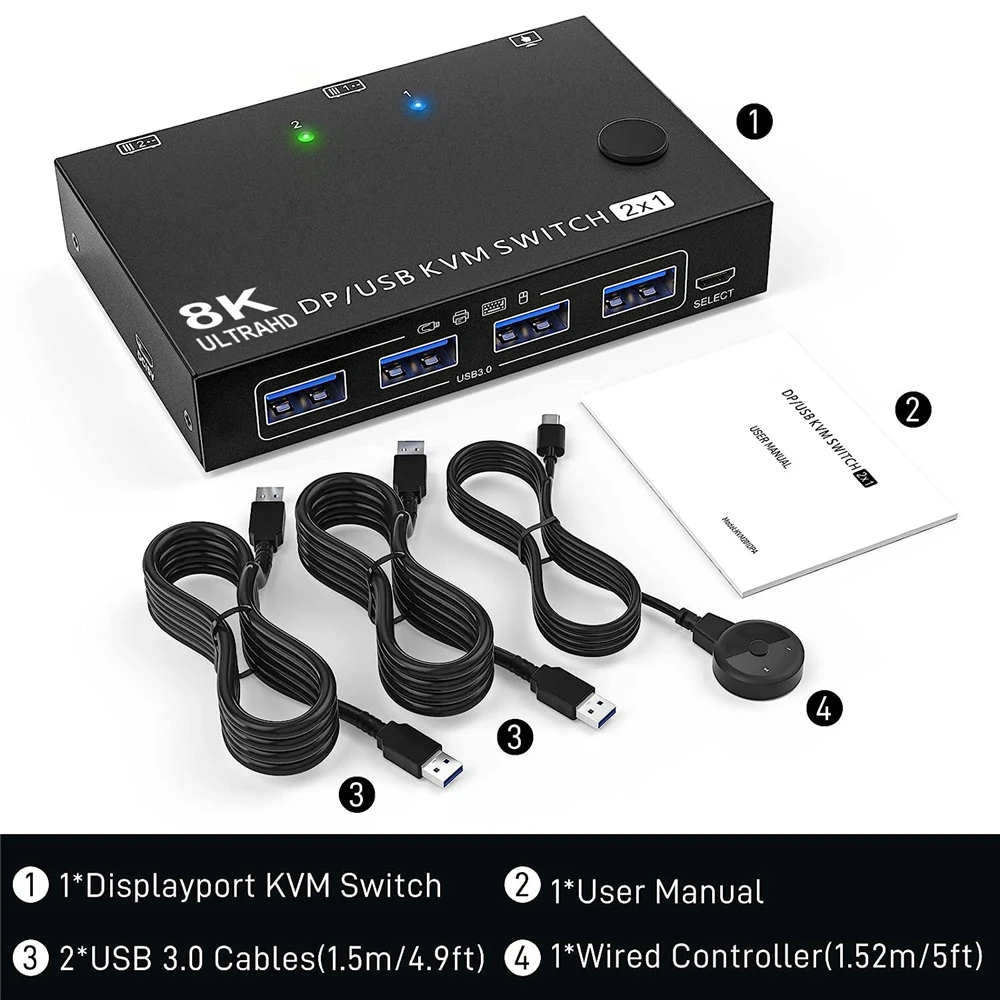 4K 240Hz DisplayPort KVM Switch 2 Port 8K 60Hz DP Video USB Switcher for 2 Deskt