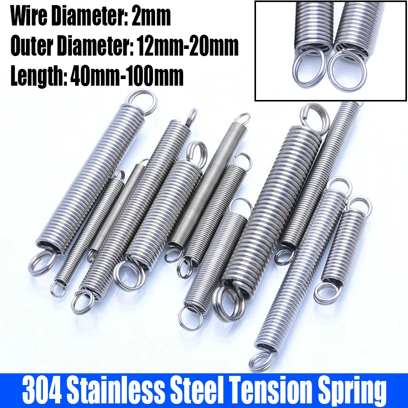 

1PCS 2mm Wire Dia 304 Stainless Steel O Ring Hook Extension Spring Tension Spring Coil Spring Dual Hook Spring L=40mm-100mm