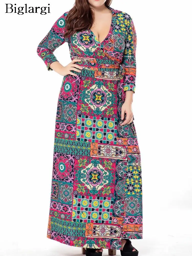 

Plus Size Autumn Long Dress Women Floral Plaid Striped Print V Neck Ladies Dresses Casual Loose Fashion Woman Dress 2023