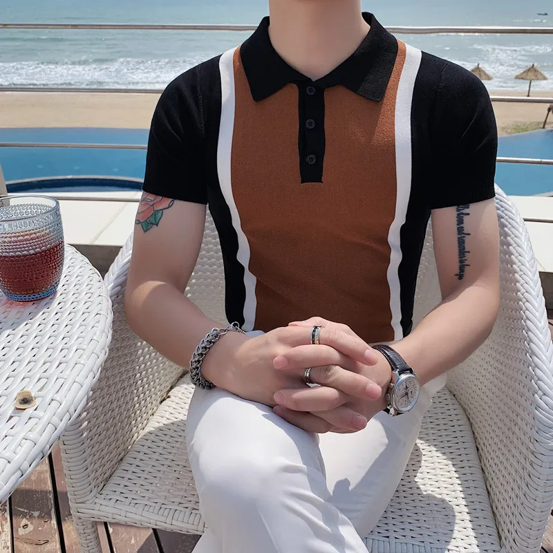 

Summer Style Men's Ice Silk Breathable Short Sleeve Striped Top New British and American Slim Lapel Leisure Knitted POLO Shirt