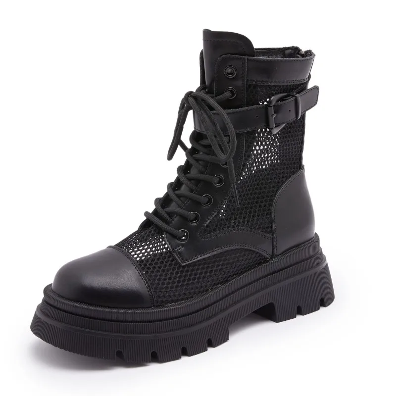 

Cow Leather Women's Ankle Boots Lace Up Round Toe Air Mesh Breathable Female Boots Platform Sole Case Black Ankle Shoes 40